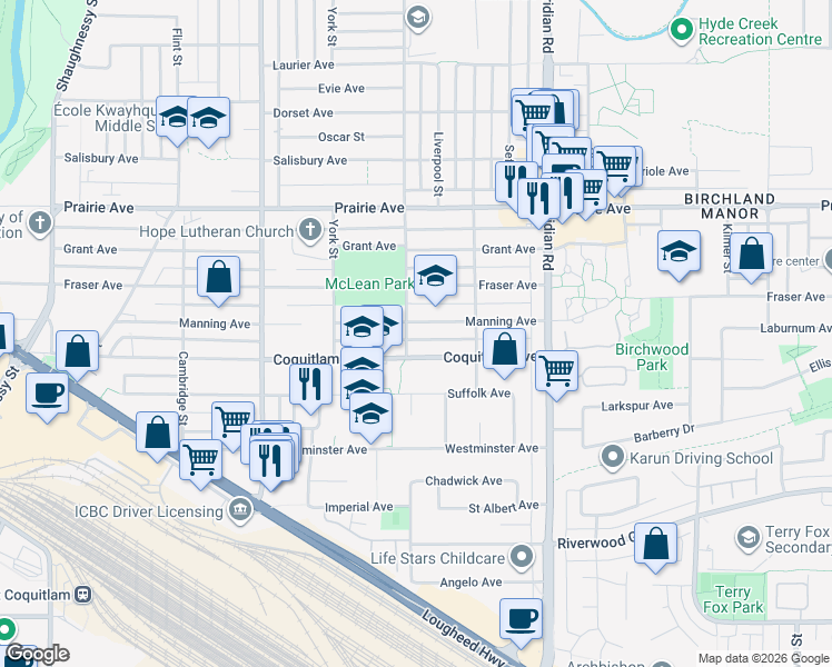 map of restaurants, bars, coffee shops, grocery stores, and more near 3040 Wellington Street in Port Coquitlam
