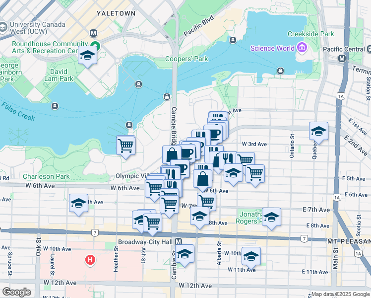 map of restaurants, bars, coffee shops, grocery stores, and more near 1919 Wylie Street in Vancouver