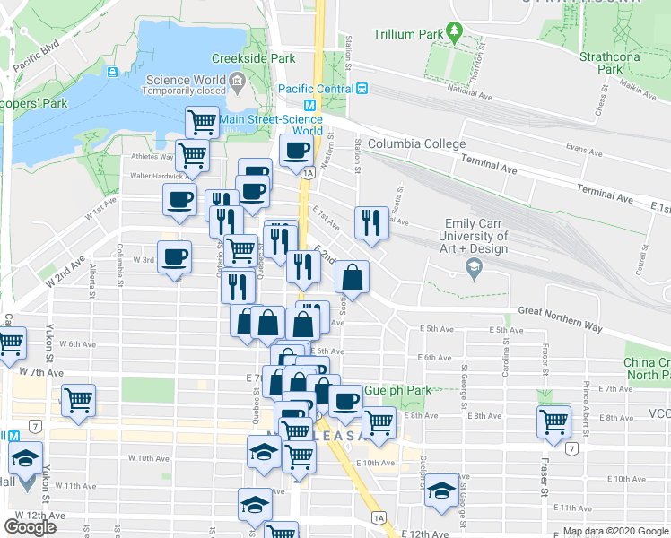 map of restaurants, bars, coffee shops, grocery stores, and more near 260 East 2nd Avenue in Vancouver