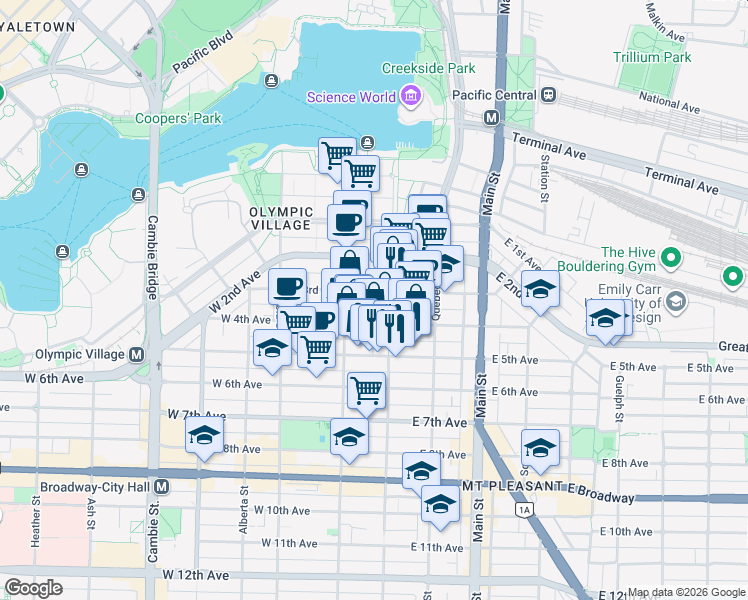 map of restaurants, bars, coffee shops, grocery stores, and more near 14 West 3rd Avenue in Vancouver