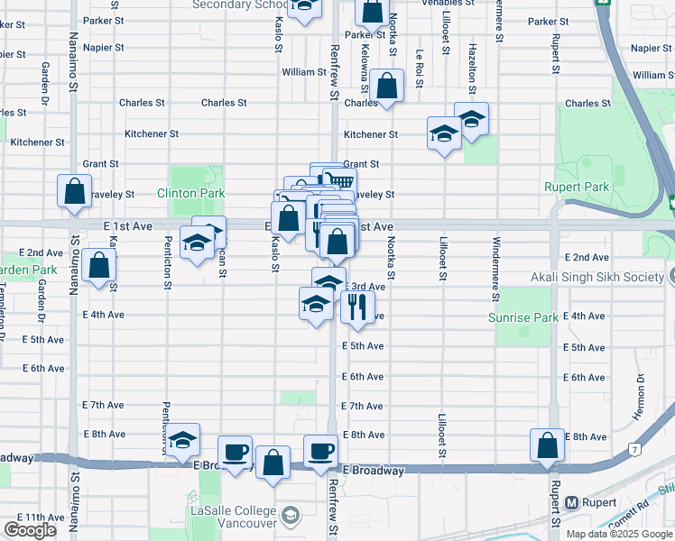 map of restaurants, bars, coffee shops, grocery stores, and more near 1838 Renfrew Street in Vancouver