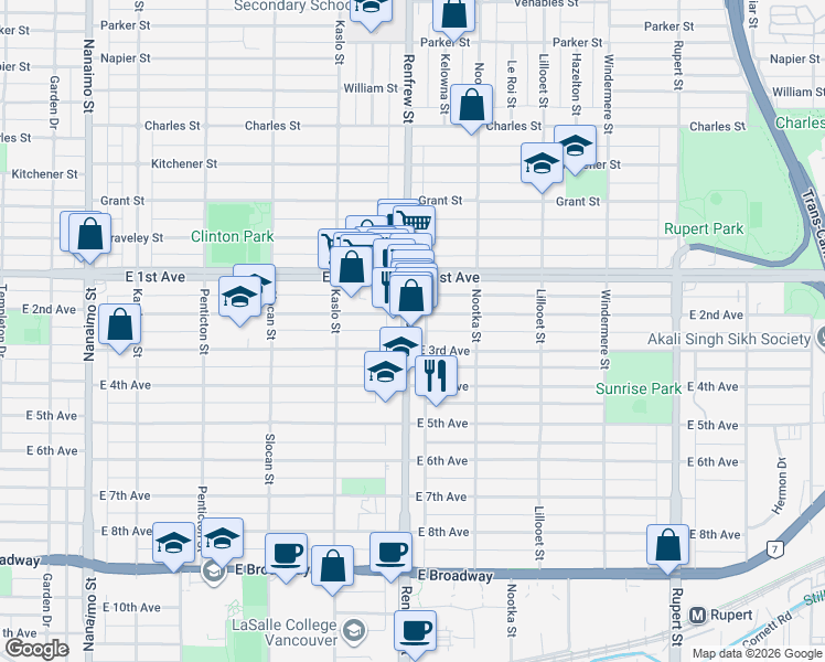 map of restaurants, bars, coffee shops, grocery stores, and more near in Vancouver