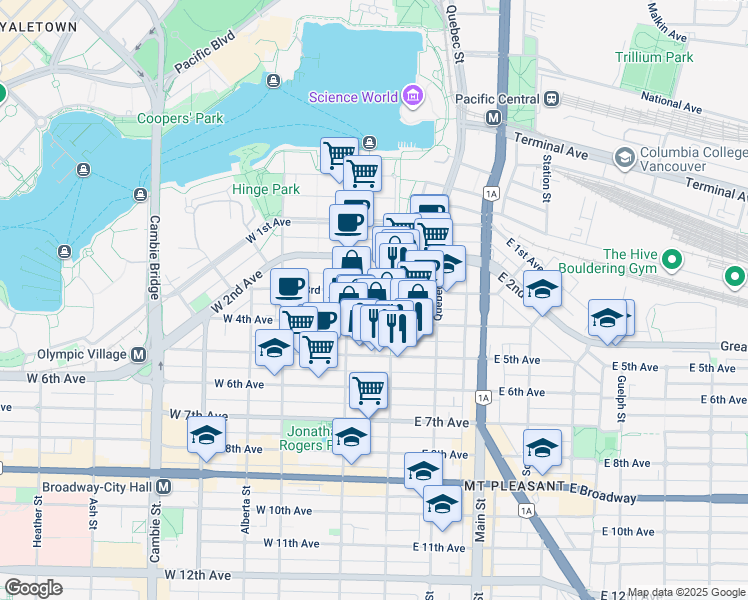 map of restaurants, bars, coffee shops, grocery stores, and more near in Vancouver