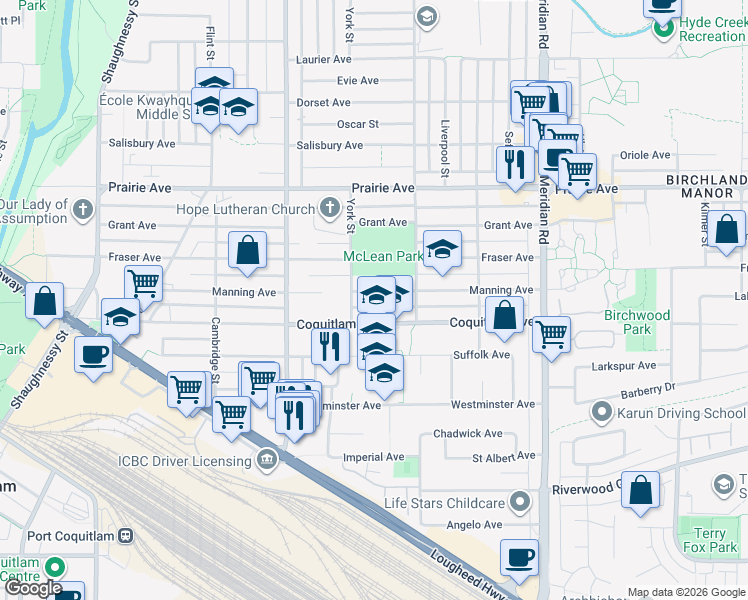 map of restaurants, bars, coffee shops, grocery stores, and more near 1764 Manning Avenue in Port Coquitlam