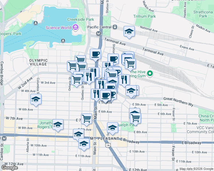 map of restaurants, bars, coffee shops, grocery stores, and more near 260 East 2nd Avenue in Vancouver
