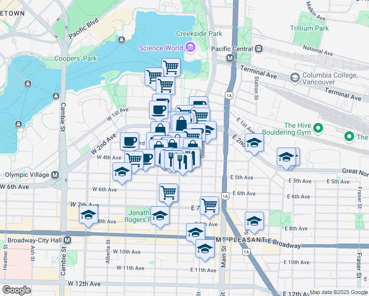 map of restaurants, bars, coffee shops, grocery stores, and more near in Vancouver