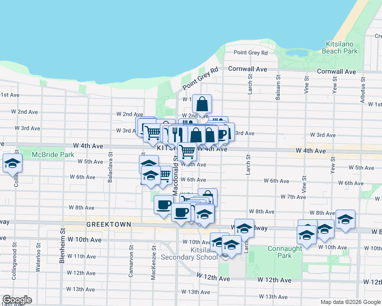 map of restaurants, bars, coffee shops, grocery stores, and more near 2722 West 4th Avenue in Vancouver