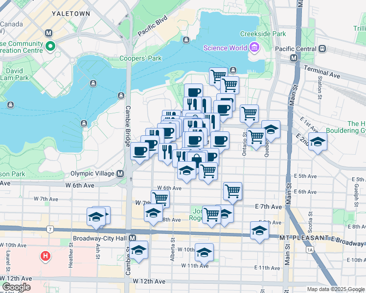 map of restaurants, bars, coffee shops, grocery stores, and more near 234 West 3rd Avenue in Vancouver