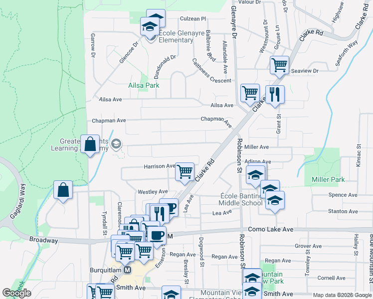 map of restaurants, bars, coffee shops, grocery stores, and more near 626 Thompson Avenue in Coquitlam