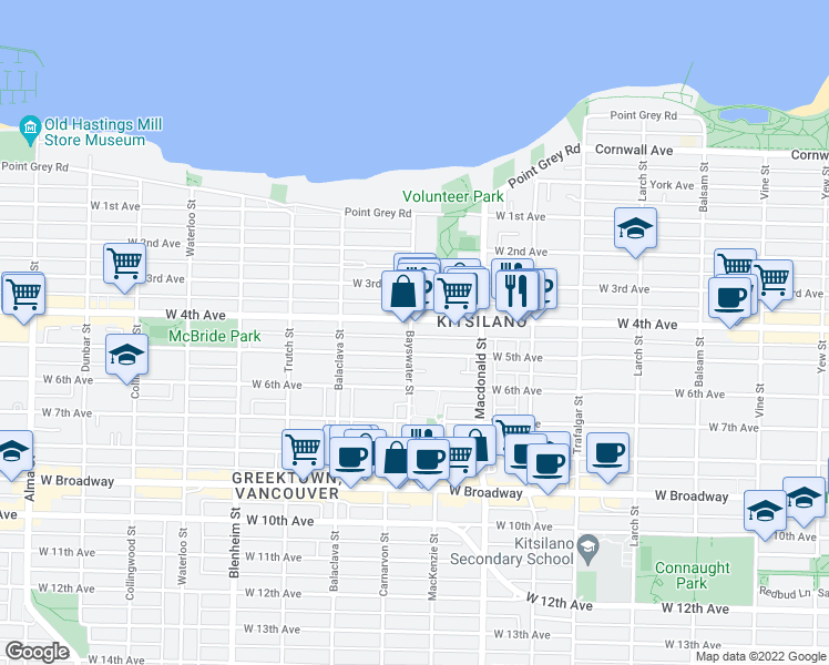 map of restaurants, bars, coffee shops, grocery stores, and more near 2008 Bayswater Street in Vancouver