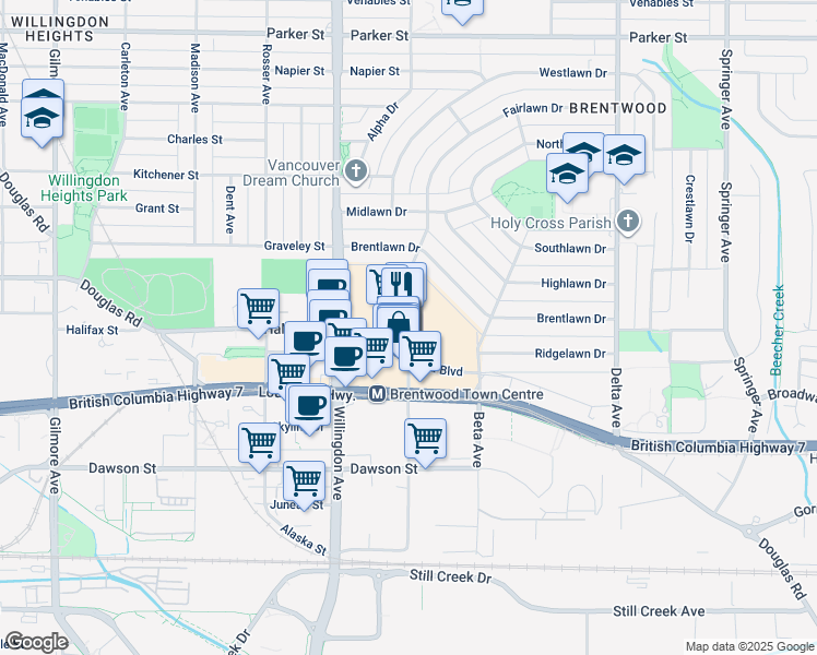 map of restaurants, bars, coffee shops, grocery stores, and more near 4567 Lougheed Highway in Burnaby
