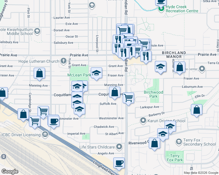 map of restaurants, bars, coffee shops, grocery stores, and more near 1598 Manning Avenue in Port Coquitlam