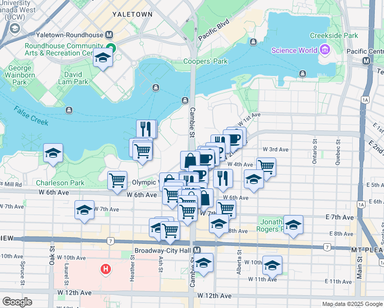 map of restaurants, bars, coffee shops, grocery stores, and more near 38 West 1st Avenue in Vancouver