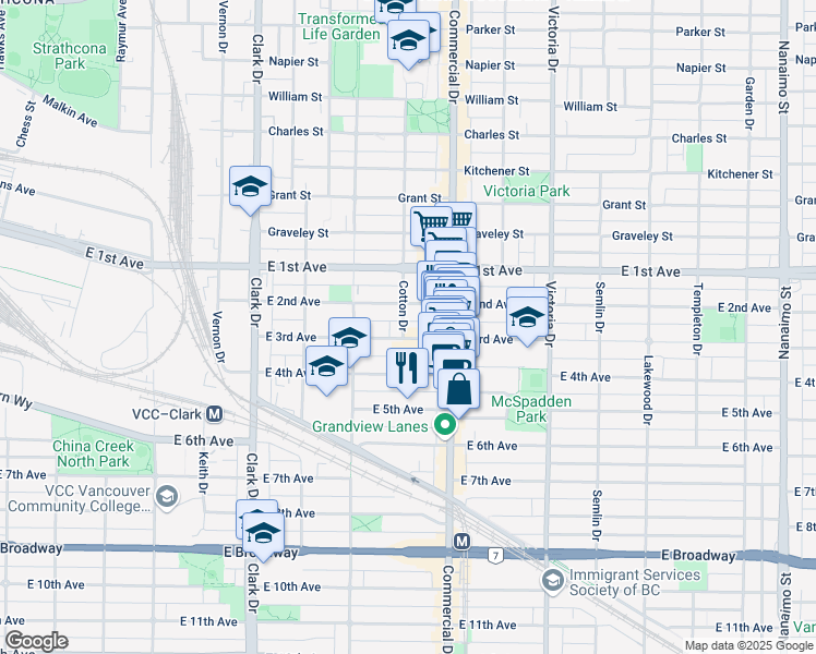 map of restaurants, bars, coffee shops, grocery stores, and more near in Vancouver