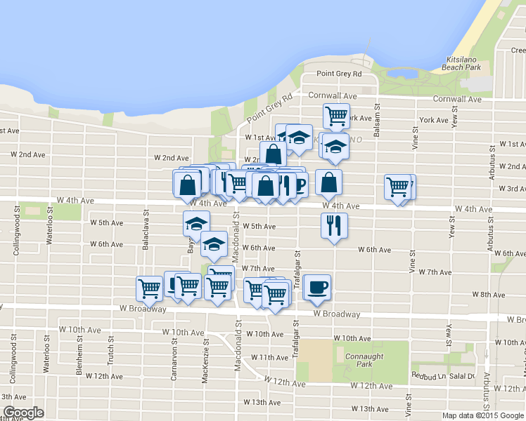 map of restaurants, bars, coffee shops, grocery stores, and more near in Vancouver