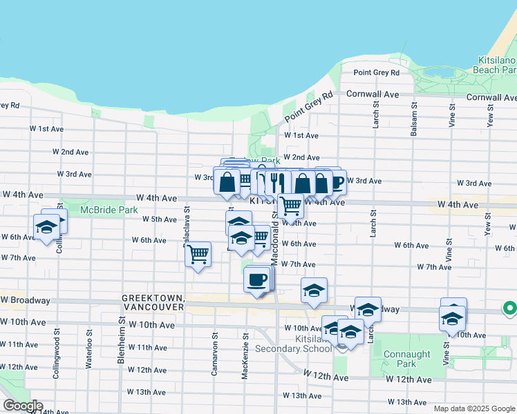 map of restaurants, bars, coffee shops, grocery stores, and more near 2858 West 4th Avenue in Vancouver