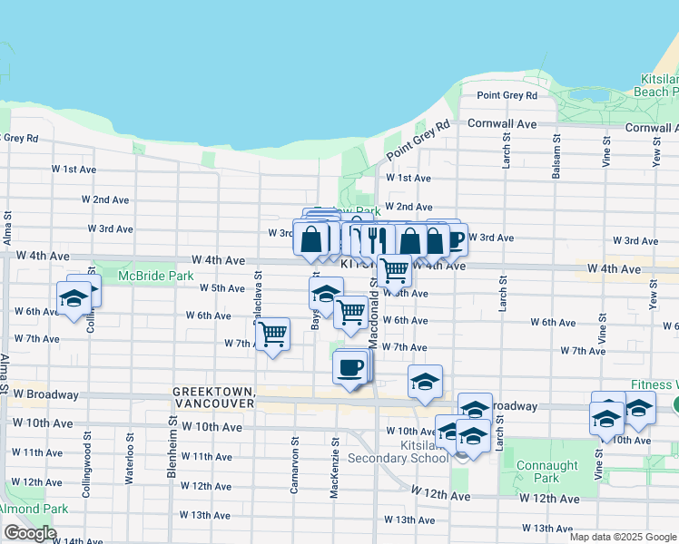 map of restaurants, bars, coffee shops, grocery stores, and more near 2858 West 4th Avenue in Vancouver