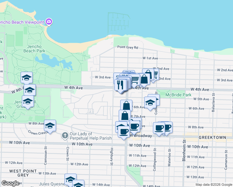 map of restaurants, bars, coffee shops, grocery stores, and more near in Vancouver