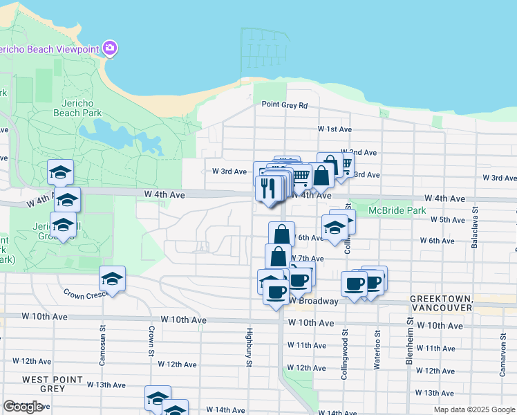 map of restaurants, bars, coffee shops, grocery stores, and more near in Vancouver