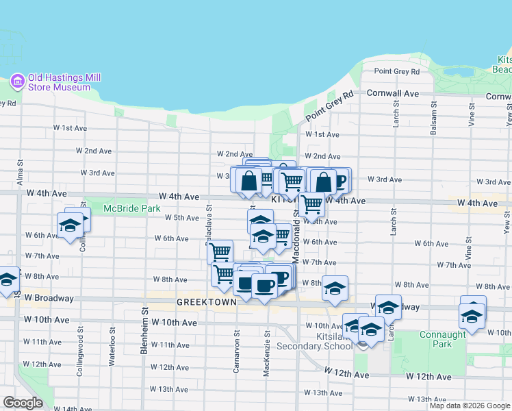 map of restaurants, bars, coffee shops, grocery stores, and more near 2008 Bayswater Street in Vancouver