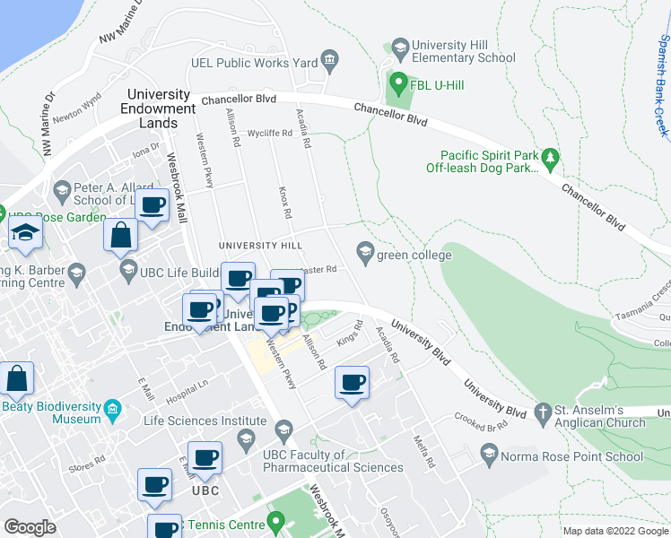 map of restaurants, bars, coffee shops, grocery stores, and more near 5530 McMaster Road in Vancouver