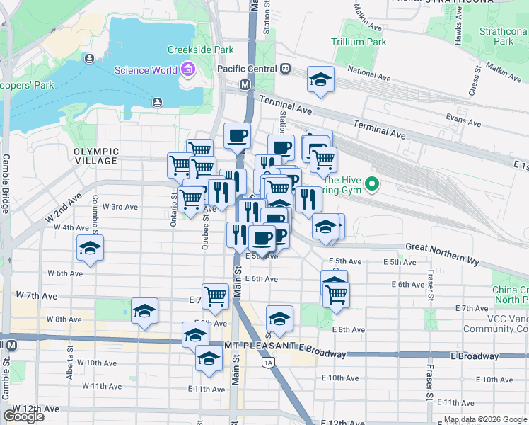 map of restaurants, bars, coffee shops, grocery stores, and more near 256 East 2nd Avenue in Vancouver