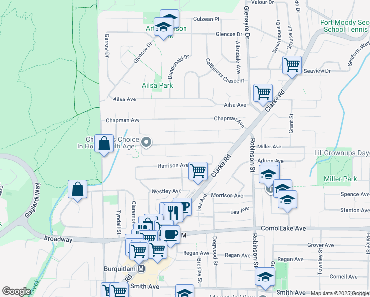 map of restaurants, bars, coffee shops, grocery stores, and more near 616 Thompson Avenue in Coquitlam