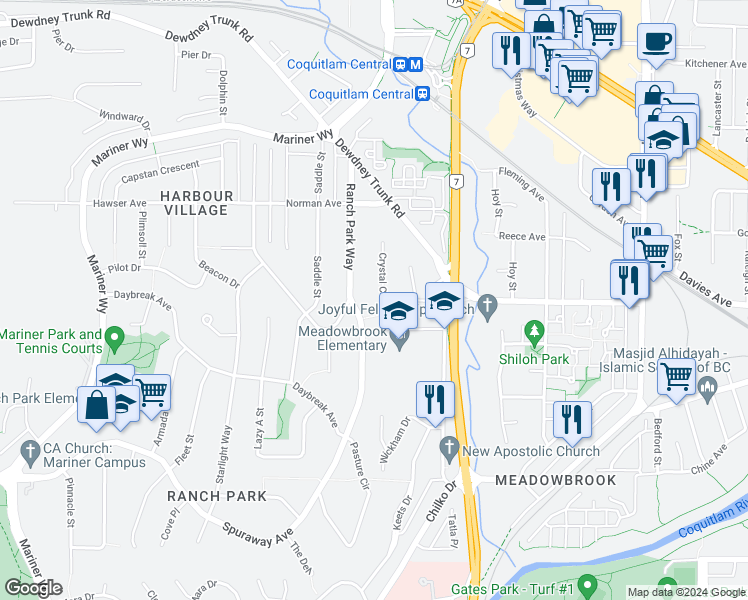 map of restaurants, bars, coffee shops, grocery stores, and more near 958 Crystal Court in Coquitlam