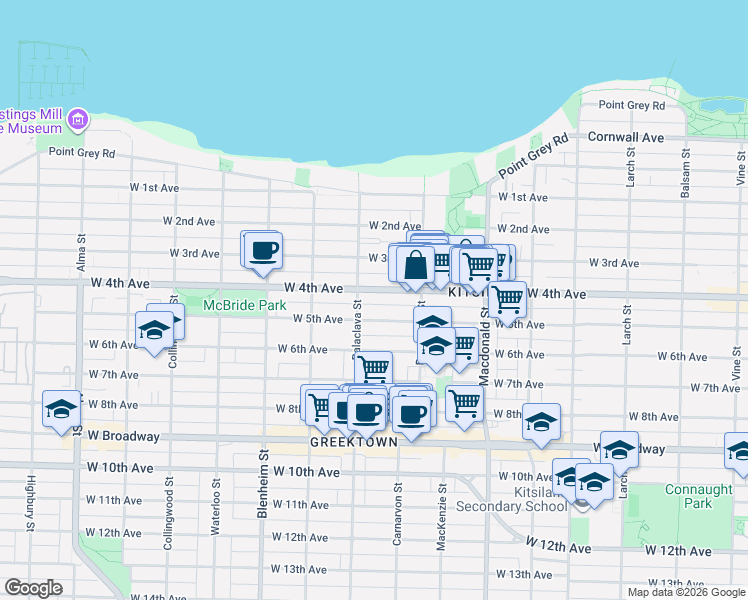 map of restaurants, bars, coffee shops, grocery stores, and more near 3036 West 4th Avenue in Vancouver