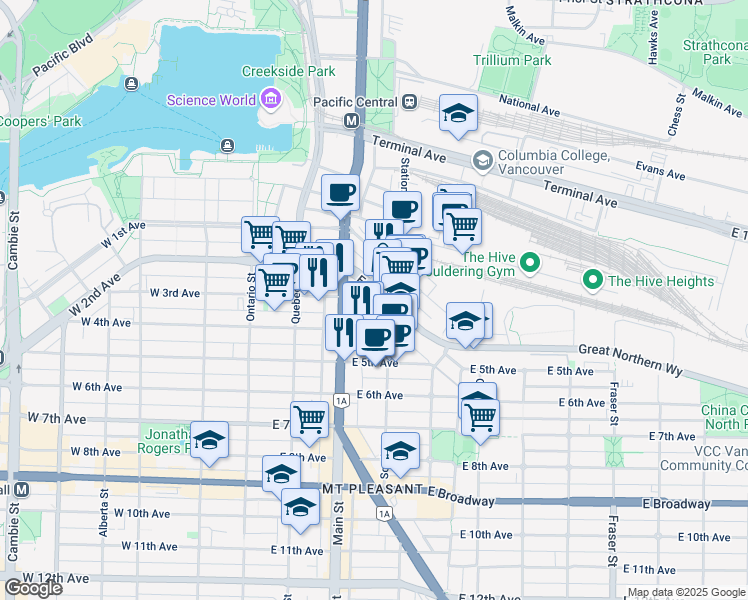 map of restaurants, bars, coffee shops, grocery stores, and more near 252 East 2nd Avenue in Vancouver
