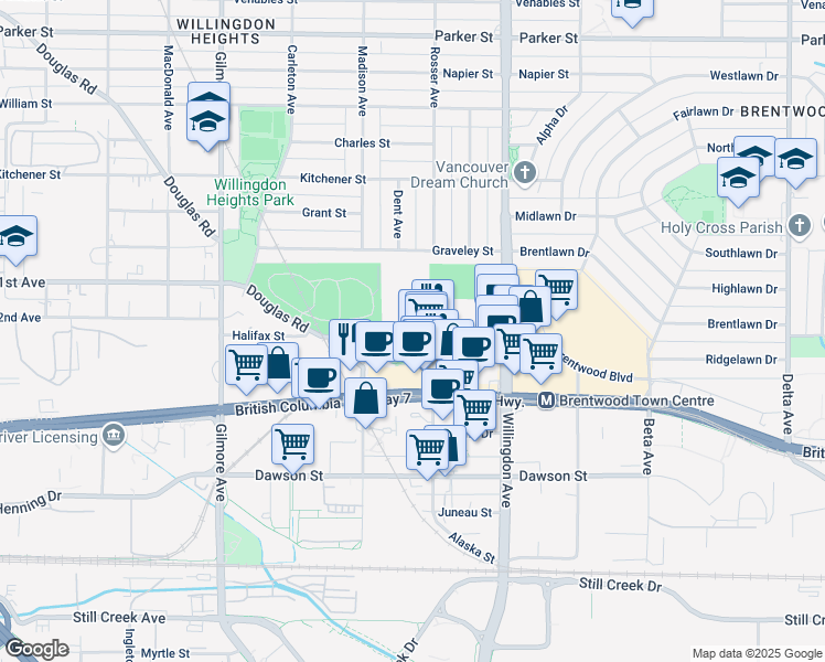 map of restaurants, bars, coffee shops, grocery stores, and more near in Burnaby
