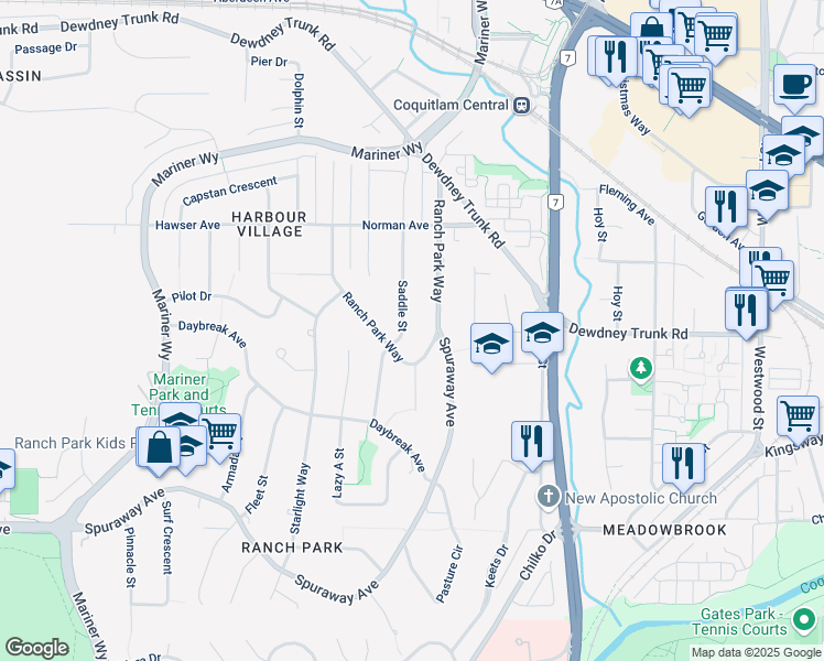 map of restaurants, bars, coffee shops, grocery stores, and more near 961 Saddle Street in Coquitlam