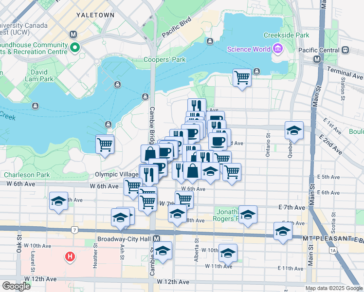 map of restaurants, bars, coffee shops, grocery stores, and more near 327 West 2nd Avenue in Vancouver