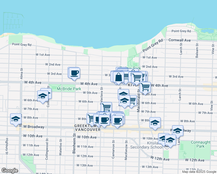 map of restaurants, bars, coffee shops, grocery stores, and more near 3036 West 4th Avenue in Vancouver