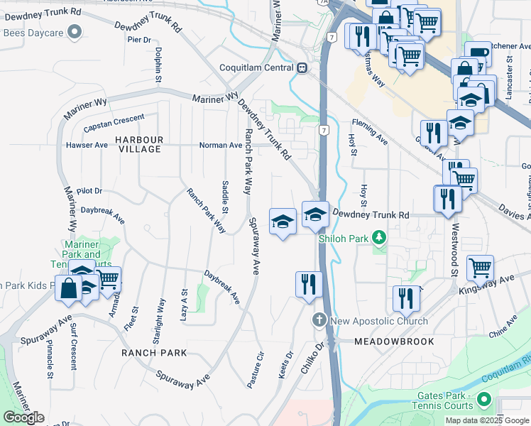 map of restaurants, bars, coffee shops, grocery stores, and more near 958 Crystal Court in Coquitlam