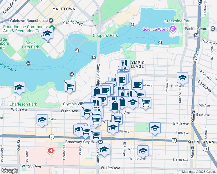 map of restaurants, bars, coffee shops, grocery stores, and more near 388 West 1st Avenue in Vancouver