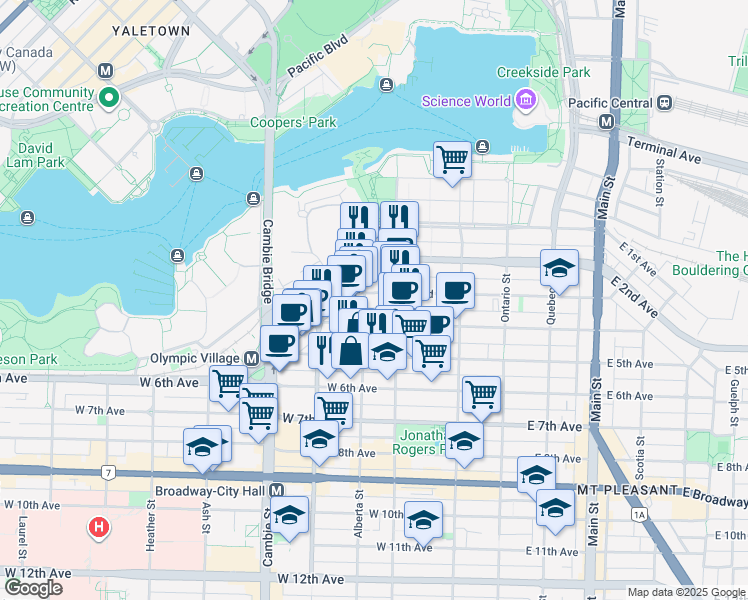 map of restaurants, bars, coffee shops, grocery stores, and more near 270 3rd Street West in North Vancouver