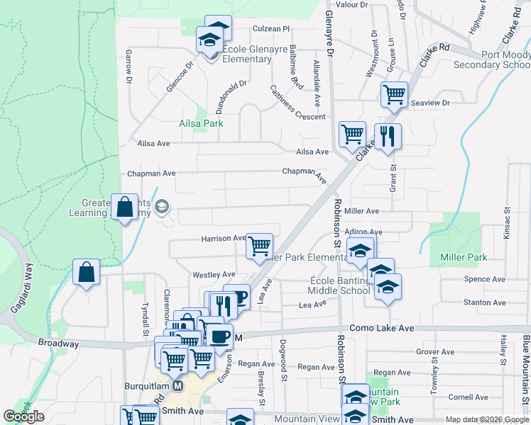 map of restaurants, bars, coffee shops, grocery stores, and more near 630 Thompson Avenue in Coquitlam