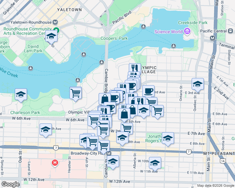 map of restaurants, bars, coffee shops, grocery stores, and more near 388 West 1st Avenue in Vancouver