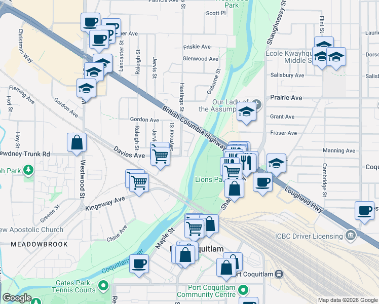 map of restaurants, bars, coffee shops, grocery stores, and more near 2495 Davies Avenue in Port Coquitlam