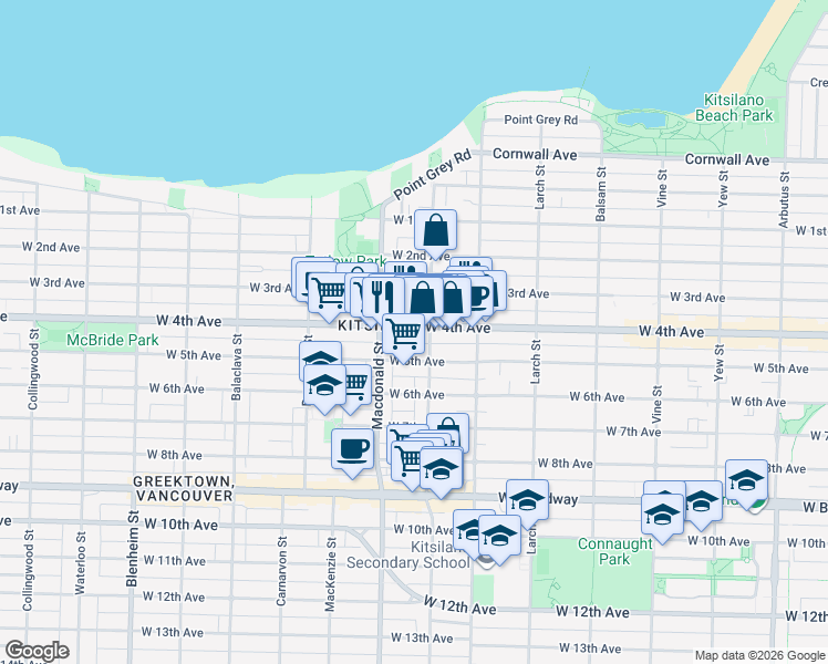map of restaurants, bars, coffee shops, grocery stores, and more near in Vancouver