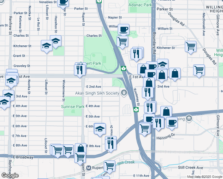 map of restaurants, bars, coffee shops, grocery stores, and more near 3460 East 2nd Avenue in Vancouver