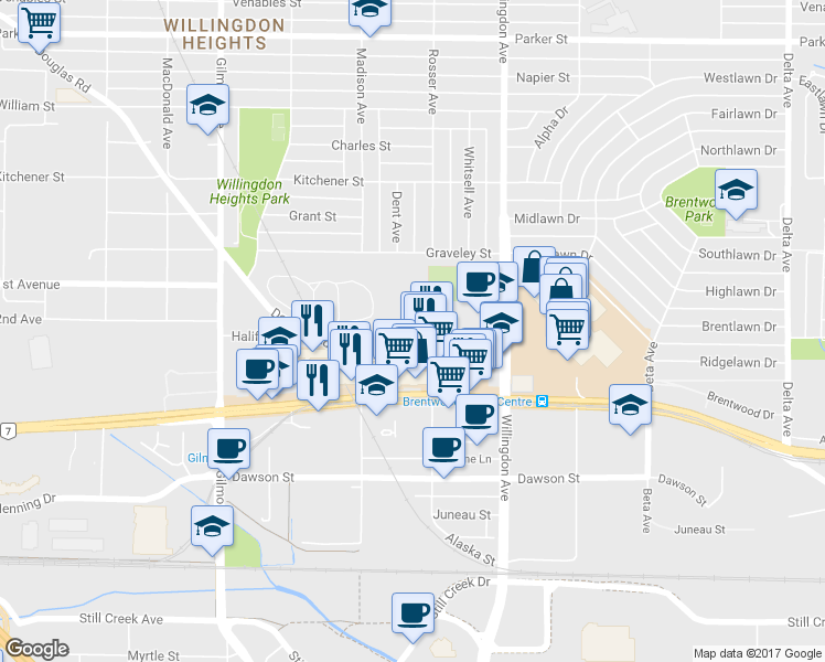 map of restaurants, bars, coffee shops, grocery stores, and more near 4398 Buchanan Street in Burnaby