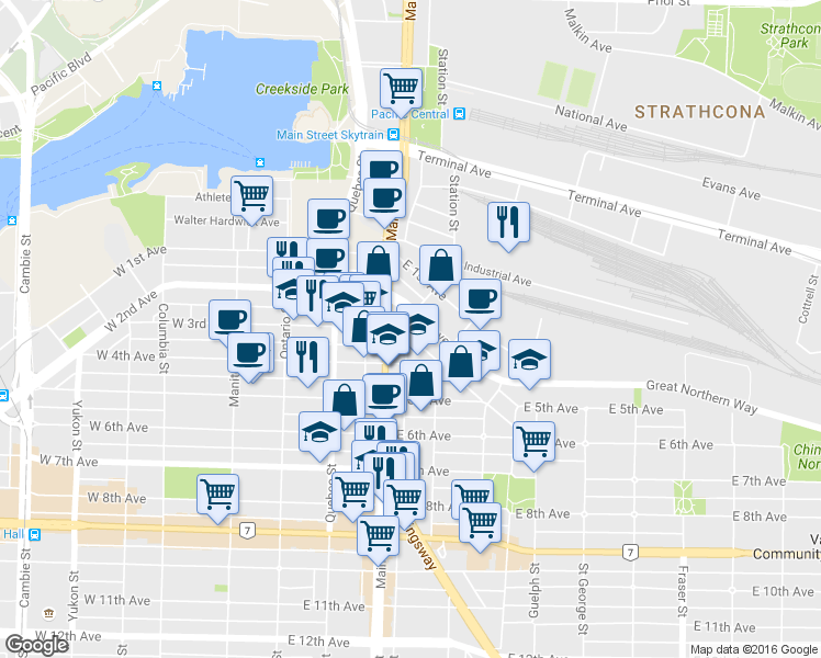 map of restaurants, bars, coffee shops, grocery stores, and more near 237 East 4th Avenue in Vancouver