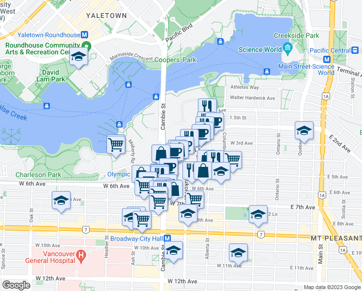 map of restaurants, bars, coffee shops, grocery stores, and more near 430 West 2nd Avenue in Vancouver