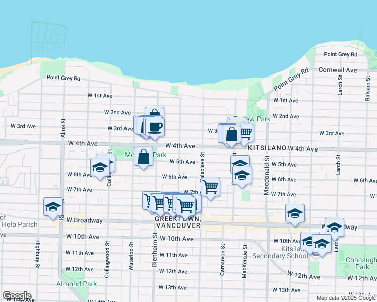 map of restaurants, bars, coffee shops, grocery stores, and more near in Vancouver