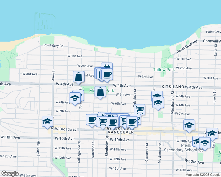 map of restaurants, bars, coffee shops, grocery stores, and more near in Vancouver