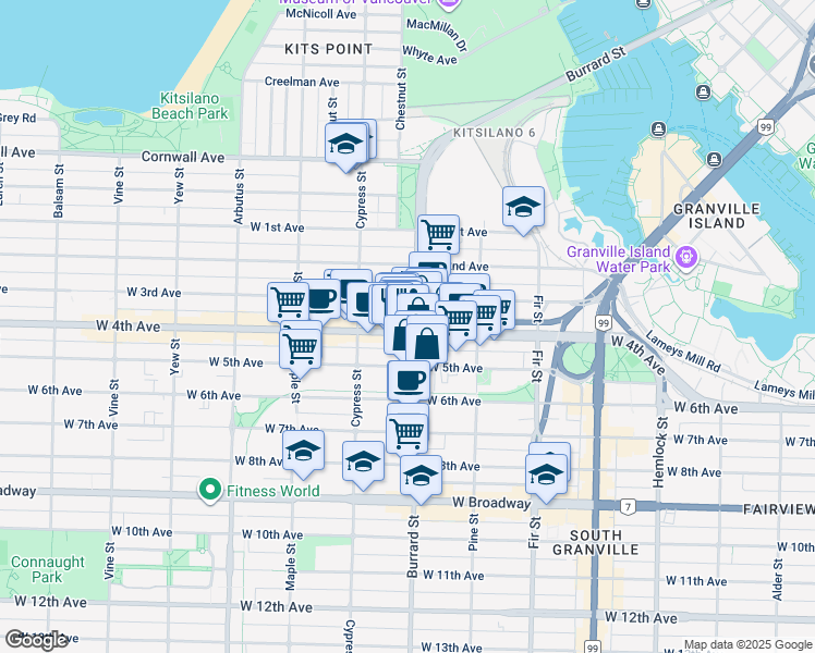 map of restaurants, bars, coffee shops, grocery stores, and more near 1787 West 4th Avenue in Vancouver