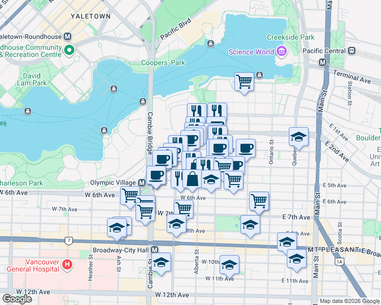 map of restaurants, bars, coffee shops, grocery stores, and more near 330 West 2nd Avenue in Vancouver