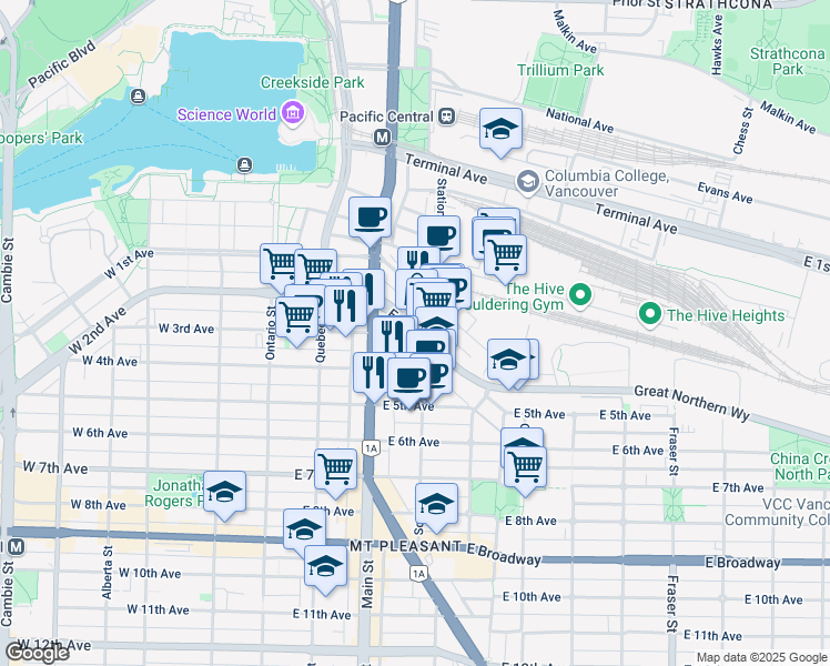map of restaurants, bars, coffee shops, grocery stores, and more near 252 East 2nd Avenue in Vancouver